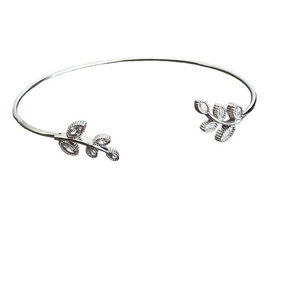 Thin elegant silver tone rhinestone studded leaf design cuff bracelet - Picture 1 of 4